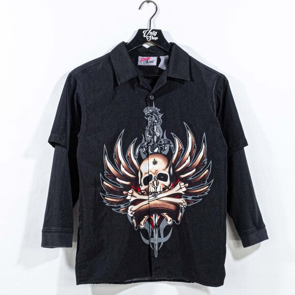 Tattoo Skull Dragon Wings Layered Button Shirt Xtreme Limit 10/12 Youth Y2K - Picture 1 of 7